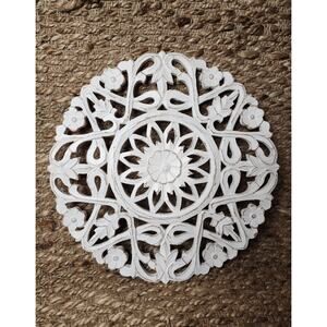 Elegant White Wall Carved Distressed Medallion Rustic Wood Wall Art Decor 16"